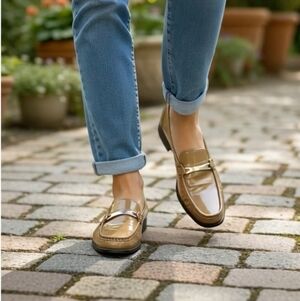 Women's Shoes BALLY Loafers Gold Patent Leather Moccasins Low Heels Moccasins